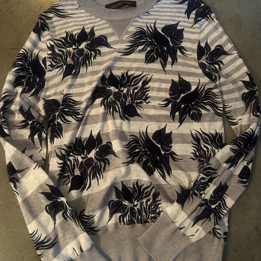 Louis Vuitton Gray Crewneck Sweater with Graphic Floral Pattern